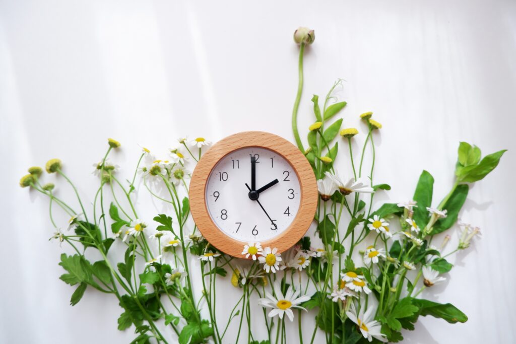 植物に囲まれる時計