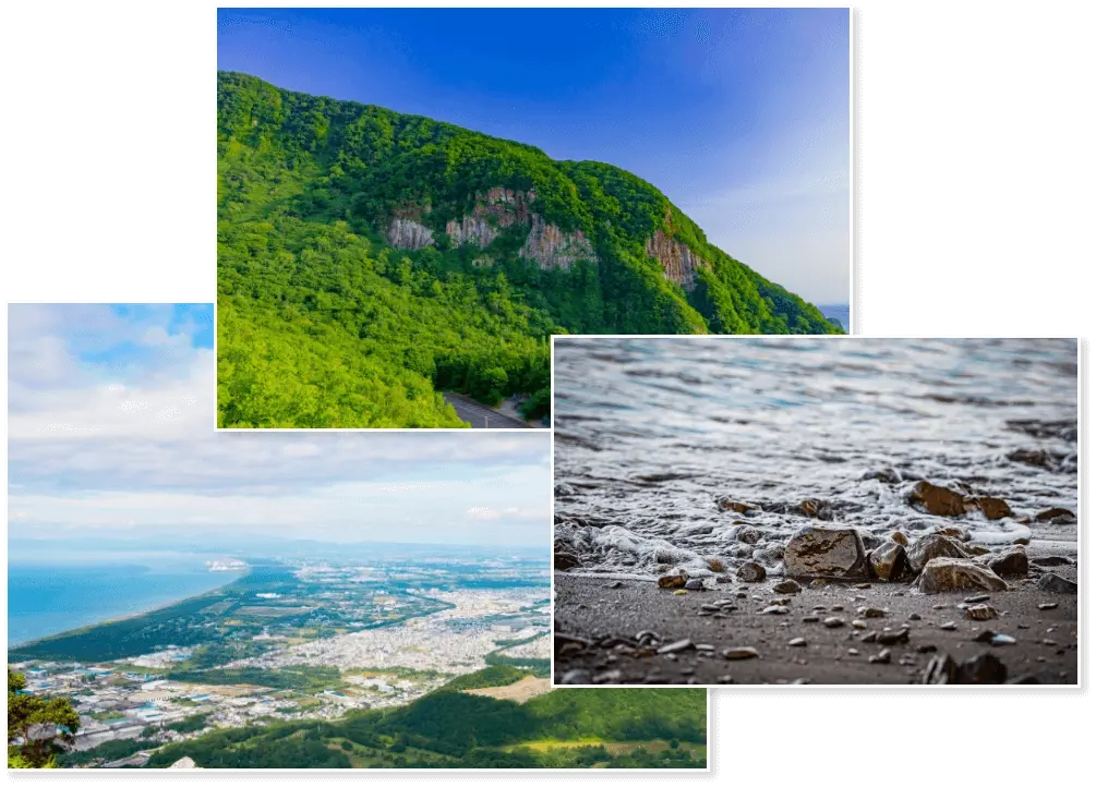 雄冬岬の断崖絶壁と、銭函天狗山から石狩湾への眺め、石狩望来浜の写真