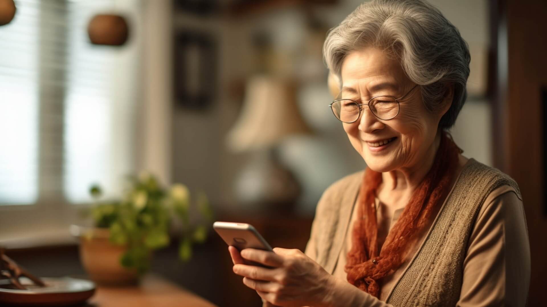 ご高齢の女性が笑顔でスマートフォンを操作している写真