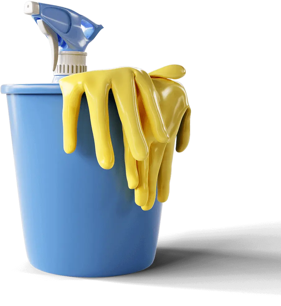 水色のバケツの中に、黄色いゴム手袋と掃除用のスプレーが入っている写真