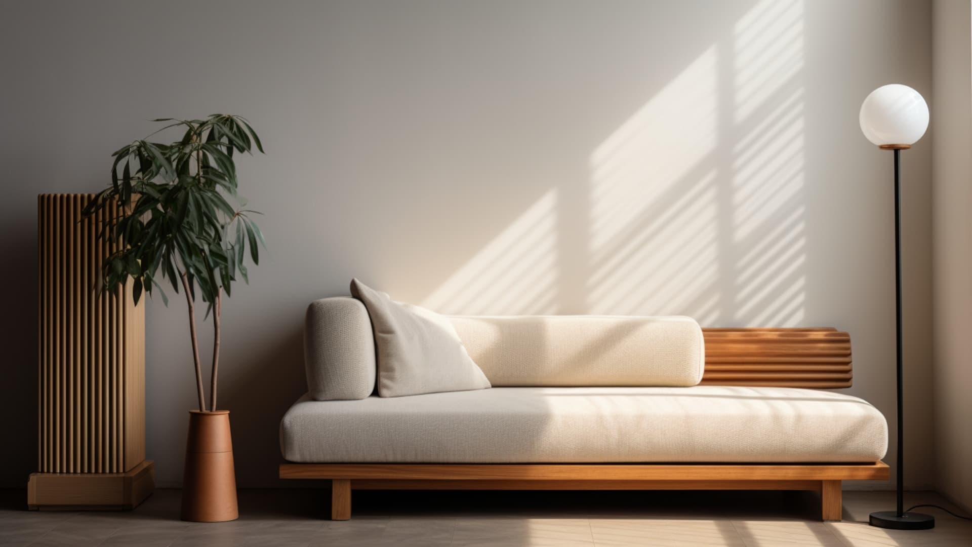 観葉植物やソファ、フロアランプが置かれた温もりのある部屋に、温かな日光が差し込んでいる写真